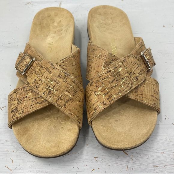 VIONIC Dorie Slide Sandals Gold Cork Buckle Women's 10 - Picture 2 of 12